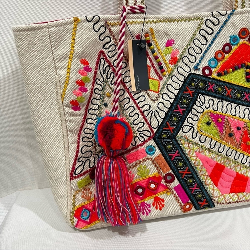 Heavy Canva Tote Embroidered Cream Bag Pom Pom Lined Aztec Print Multicolored - Picture 8 of 11